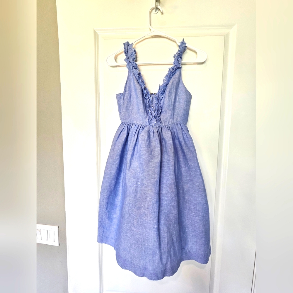 Ruffled chambray dress sz 00P linen blend has pockets